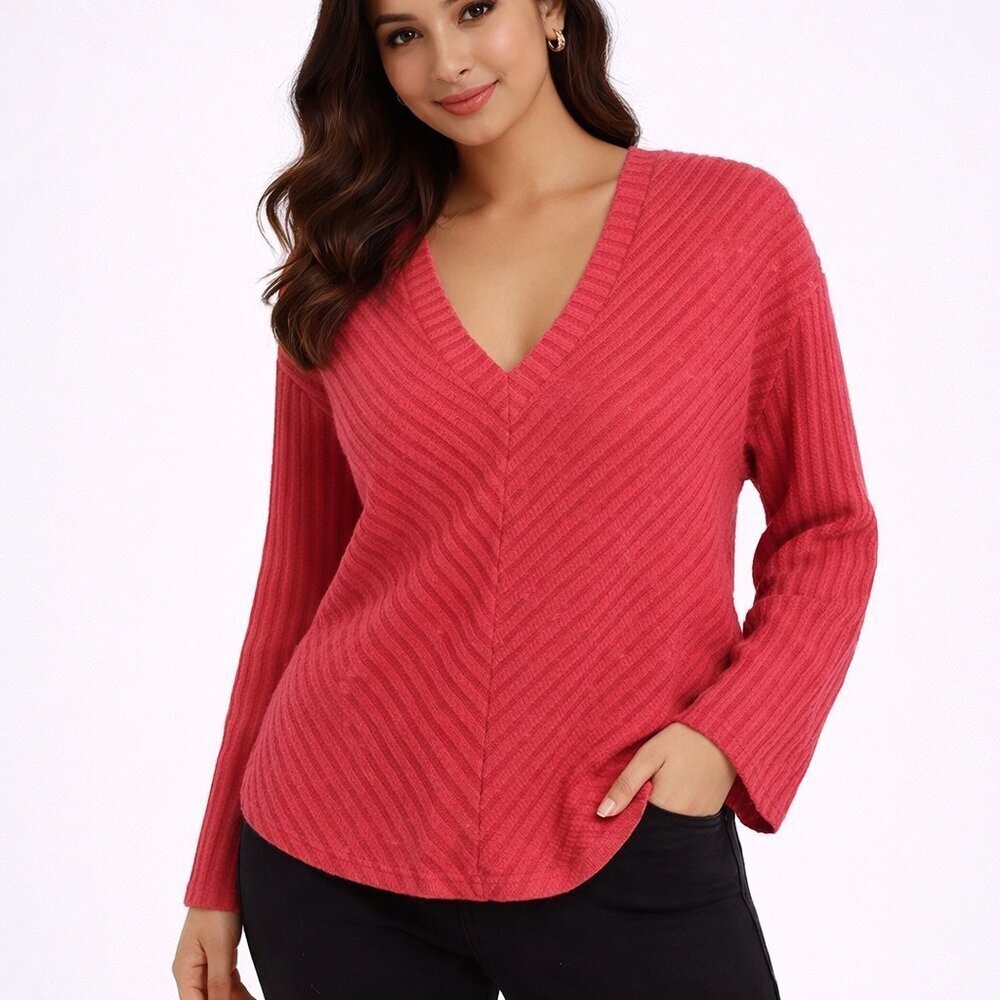 Anthropologie En Elly Asha Ribbed V-Neck Sweater Pink Rose XS